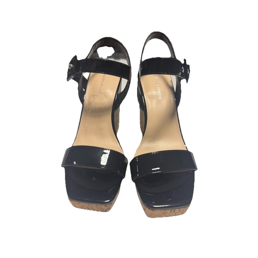 NEW Marc Fisher Sandals Womens 8 M Lukey Ankle Strap Wedge Slingback Black‎